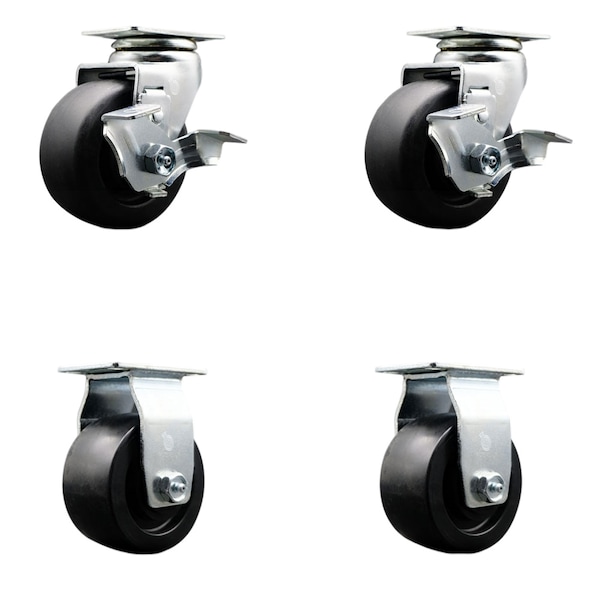 4 Inch Polyolefin Caster Set with Ball Bearings 2 Brakes 2 Rigid SCC